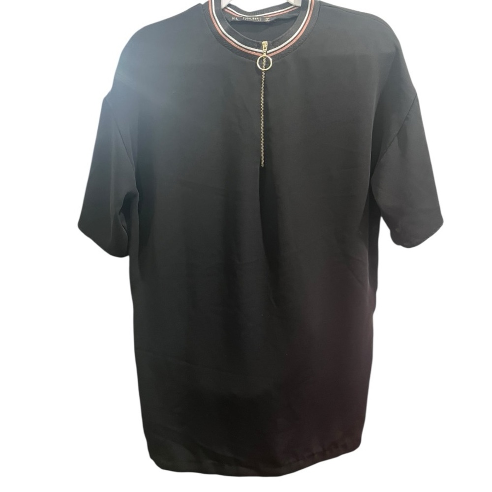 Zara Black Shift dress with striped collar silver ring zipper pull Sz Med
